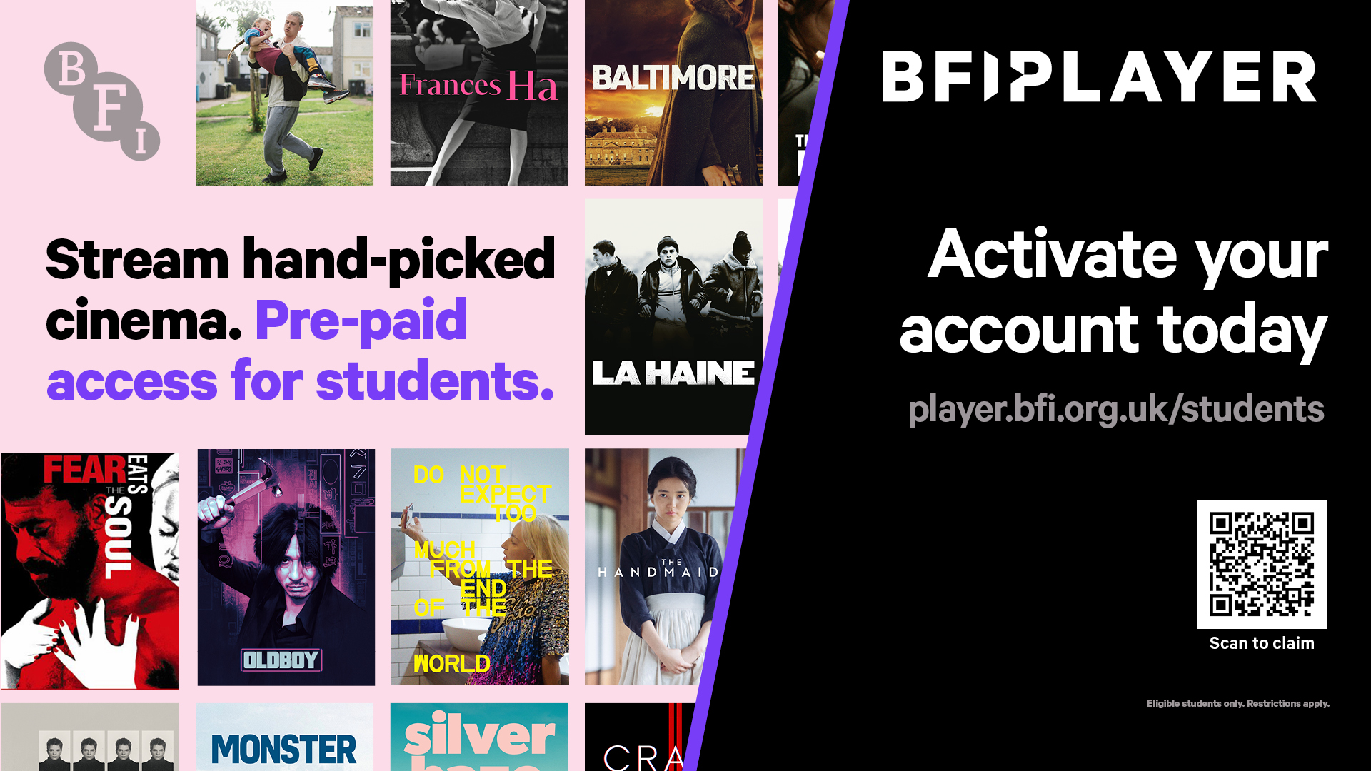 Front covers of film posters with QR Code to promote activating your account and joining BFI Player with university account.