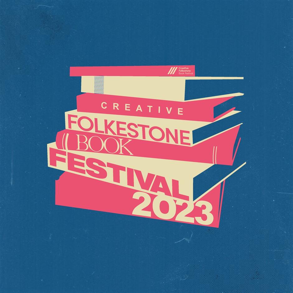 Logo for the 2023 Folkestone Book Festival showing a pile of red and yellow books on a blue background